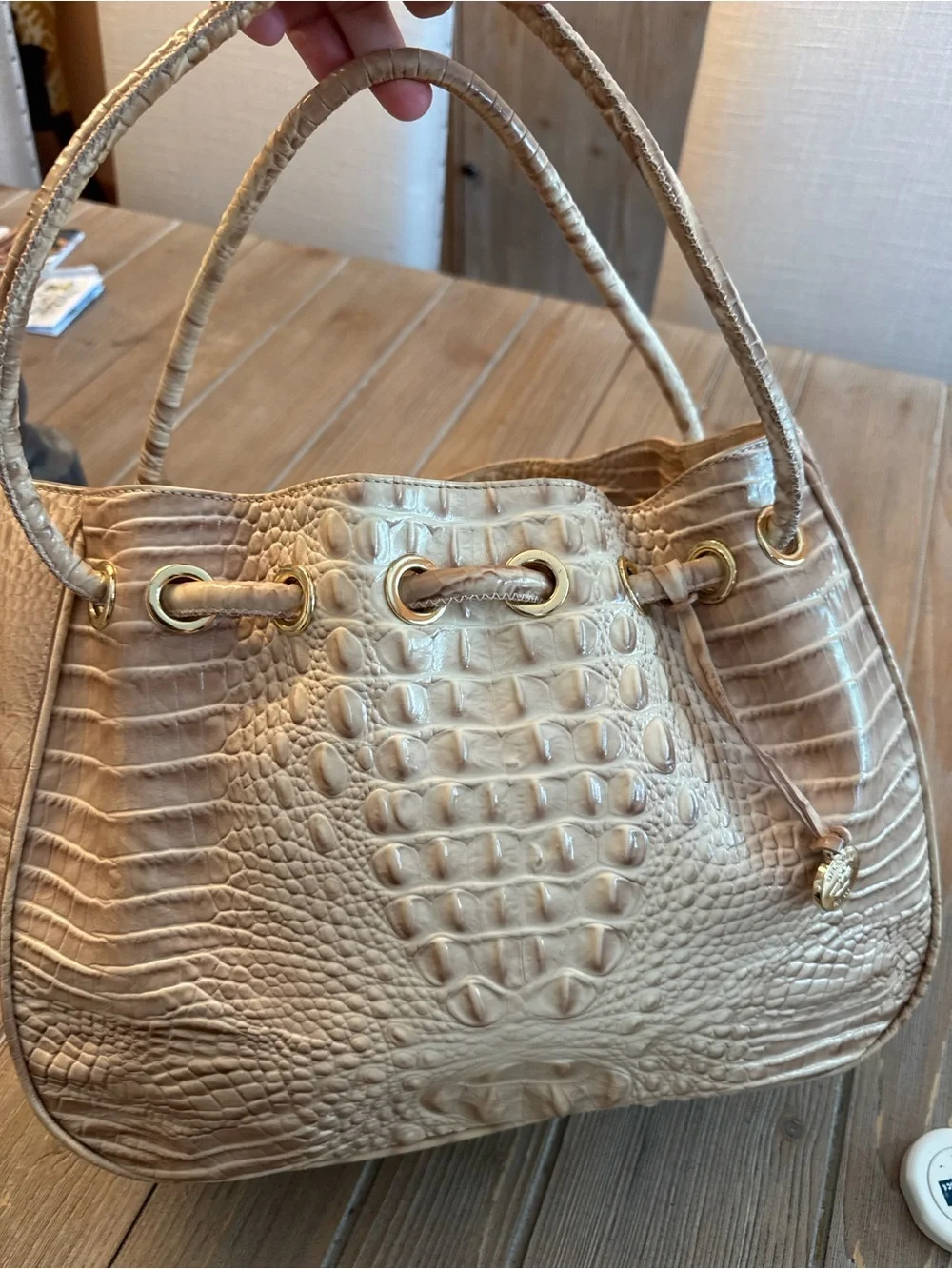 Brahmin Large Duxbury Drawstring Bucket Bag in Parchment Melbourne croc embossed